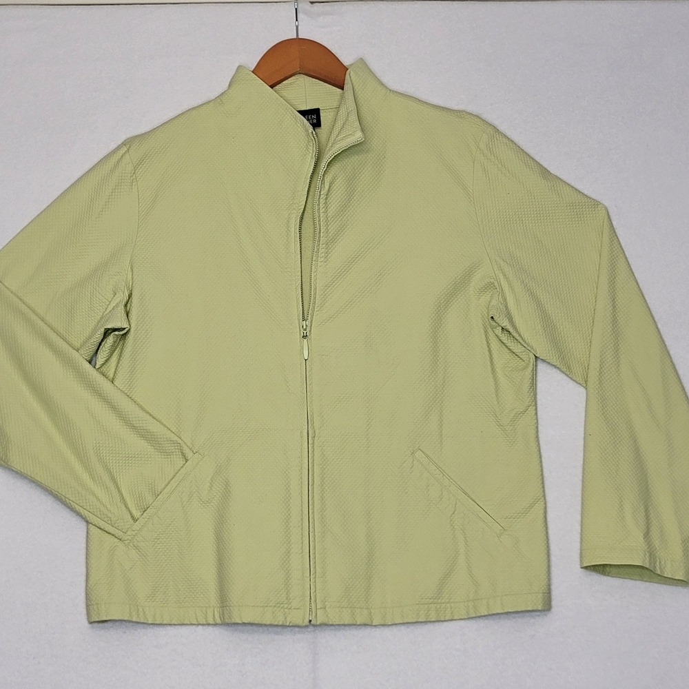 Eileen Fisher Womens Large Lime Green Textured Zip Front Mock Neck Jacket Cotton